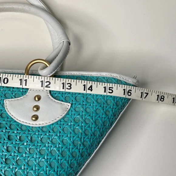 Inge Trapezoid Shoulder Bag Satchel‎ in Turquoise Cane, White Trim, Linen Lining - Picture 13 of 15